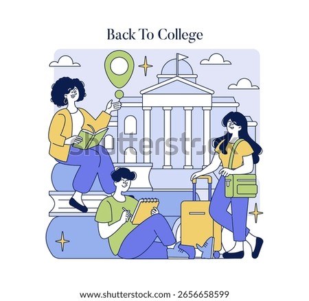 Vector illustration of three excited students preparing for college life. One reads a book, another sketches on a notebook, and a third stands with luggage. Educational setting with a campus backdrop.