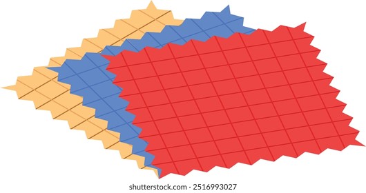 Una Ilustración vectorial de tres muestras de la tela en diversos colores: rojo, azul, y beige. Ideal para proyectos de moda, textil o interiorismo.