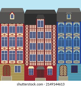 Vector illustration - three facades of traditional half-timbered multi-colored houses in close-up. Concept - historical architecture