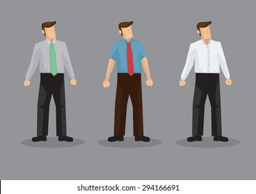 Vector Illustration Of Three Faceless Cartoon Man Character Wearing Conservative Office Style Outfits Isolated On Grey Background.