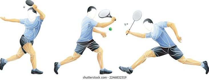 Vector illustration of three faceless male athletes playing racket sports: table tennis, tennis, and badminton. Abstract polygonal design with dynamic motion