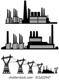 Vector illustration of a three factories silhouettes