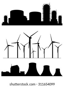 Vector illustration of a three factories silhouettes