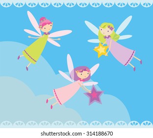 Vector illustration with three fairies flying on blue background.