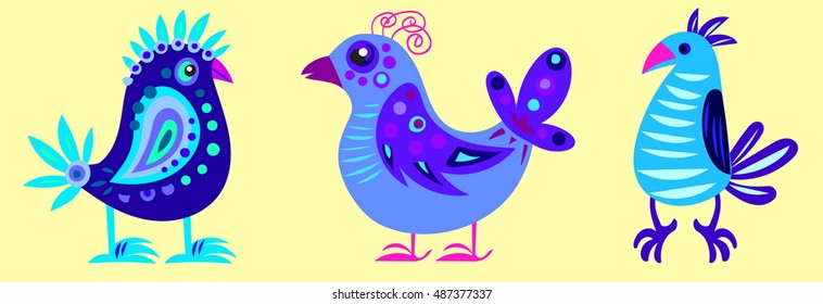 vector illustration of three fairy blue birds