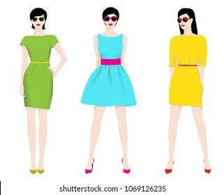 Vector illustration of the three fashion women wearing dresses