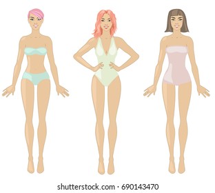 Vector illustration with three fashion young women.