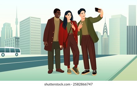 Vector illustration of three fashionable young friends taking a selfie in a modern cityscape. The group, dressed in stylish autumn outfits, smiles and poses with peace signs, capturing a fun moment to