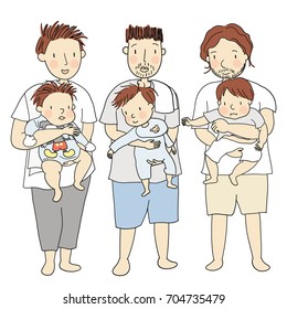 Vector illustration of three fathers holding little kids together. Family concept - happy father's day card, daddy and son & daughter, early childhood development. Cartoon character drawing style.