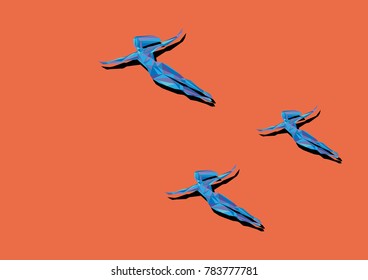 Vector illustration of three female athletic figures flying on an orange background of isolates and a black shadow