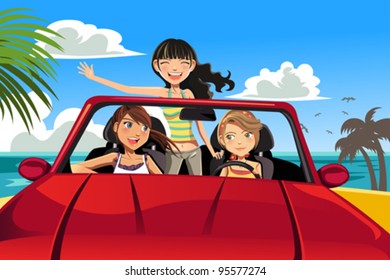 A vector illustration of three female friends having fun in a car driving near a beach