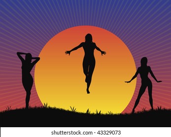 Vector illustration of three female silhouettes in front of a setting sun