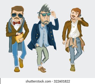 vector illustration. Three figures of men in fashionable everyday clothes.