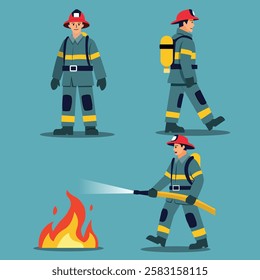 Vector illustration of three firefighters in full gear, showcasing different poses as they prepare for a rescue mission