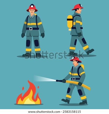 Vector illustration of three firefighters in full gear, showcasing different poses as they prepare for a rescue mission