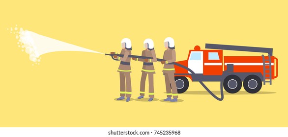 Vector illustration of three firefighters wearing helmets and uniform trying to put out flame with help of hose and water on yellow background