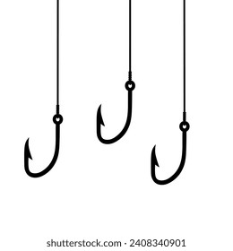 Vektorgrafik von drei Fischereihaken auf weißem Hintergrund. Fischfalle-Konzept im Meer. Fischfang.