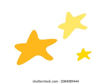 Vector illustration with three five-pointed yellow stars with rounded corners and hand-drawn in flat style isolated on white background