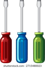 Vector illustration of three flathead screwdrivers with colorful handles, isolated on white background