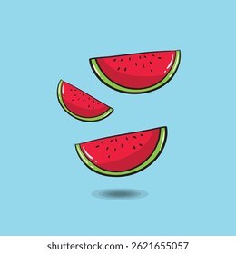 Vector illustration of three floating watermelon slices in a playful cartoon style. Bright and refreshing look, perfect for summer designs, fruit icons, or healthy food visuals.