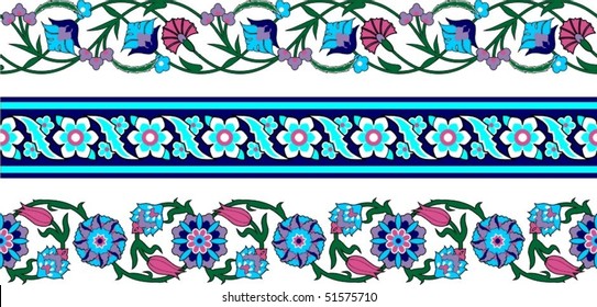 Vector illustration of three floral ornament border, Turkish style.