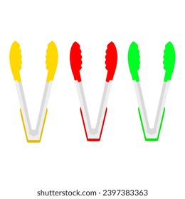 Vector illustration of three food tongs in different colors on a white background. Suitable for logos on cooking utensils, kitchen utensils. A tool for picking up oily fried foods