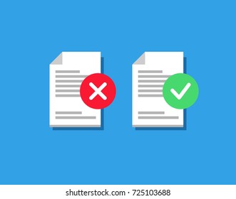 Vector illustration of three form, blank, summary with approved and rejected symbol. Isolated. Flat style. Icon. On blue background