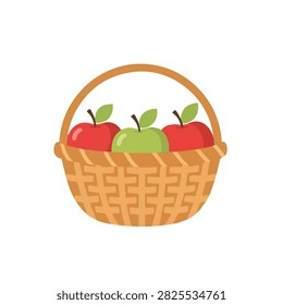 Vector Illustration of Three Fresh Red and Green Apples in a Wicker Picnic Basket Isolated on White