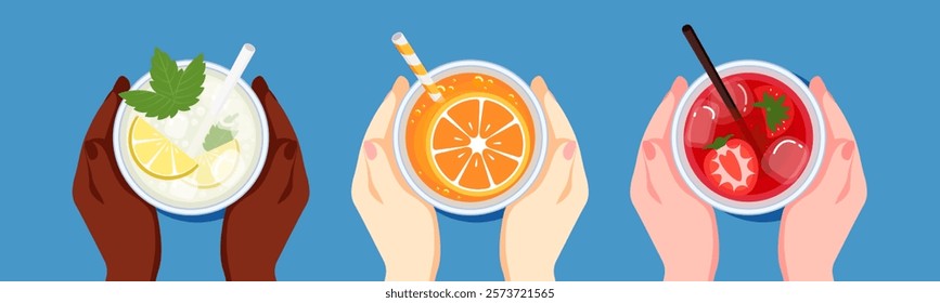 Vector illustration of three friends drinking refreshing cocktail, glass of mojito, orange and strawberry drink, top view on table in bar. Summer vacation with friend. Alcoholic cold drink. 10 EPS