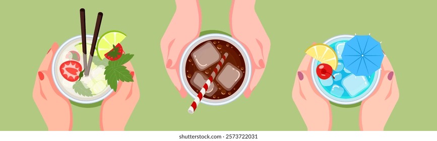 Vector illustration of three friends drinking refreshing cocktail, glass of mojito, pina colada and coca cola, top view on table in bar. Summer vacation with friend. Alcoholic cold drink. 10 EPS