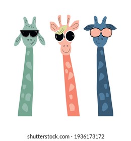 Vector illustration of three funny and hipster giraffes. Perfect for any textile print or any other garment 
