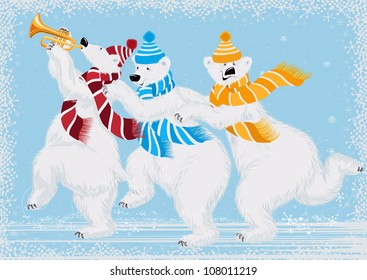 Vector illustration of three funny polar bears in scarves