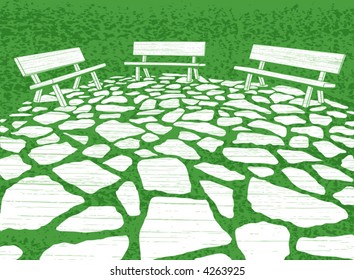 Vector illustration of three garden benches and paving stones