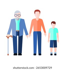 Vector illustration of three generations: grandfather, father, and son standing together.