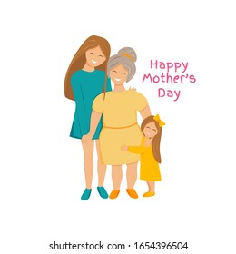 Vector illustration of three generations together. Grandmother, mother and daughter hugging each other. Cute concept design for international mother's day isolated on white background. Flat characters