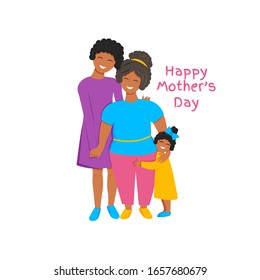 Vector illustration of three generations together. African cute grandmother, mother and daughter hugging each other. Flat concept design for international mother's day isolated on white background