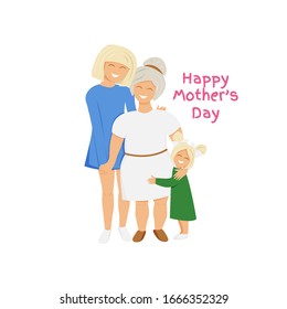 Vector illustration of three generations together. Blond cute grandmother, mother and daughter hugging each other. Flat concept design for international mother's day isolated on white background