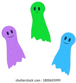 Vector illustration of three ghosts in a cute cartoon style. A fun children's card for Halloween. Isolated on a white background.