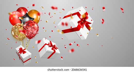 Vector illustration with three gift boxes with red ribbons and bows, golden and silver balloons and small blurry pieces of serpentines on white background