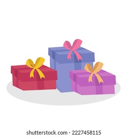 Vector illustration Three gift boxes of red, scarlet and violet colors tied with gold and pink ribbons