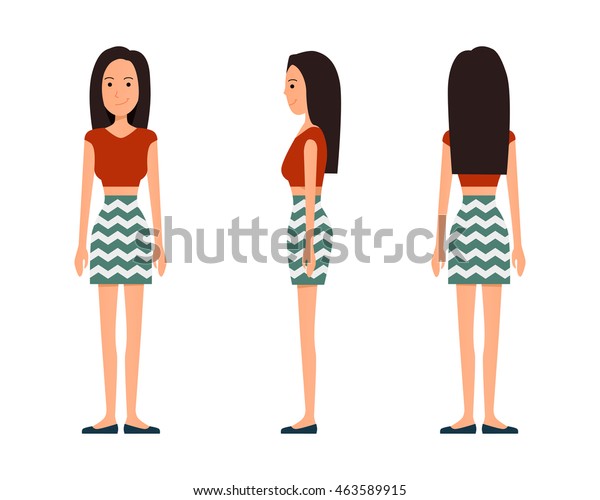 スカートと白い背景に上部に黒い髪を持つ3人の女の子のベクターイラスト 平らな人のイラスト 平凡な若い女性 正面の女の子 側面の女の子 背面の女の子 のベクター画像素材 ロイヤリティフリー 463589915
