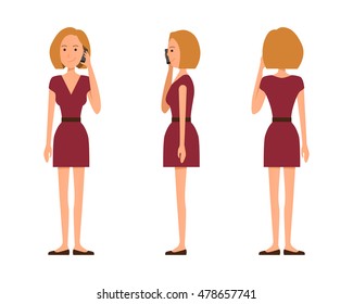 Vector illustration of three girl in red dress with phone in one hand. Flat people illustration. Flat young woman. Front view girl, Side view girl, Back side view girl