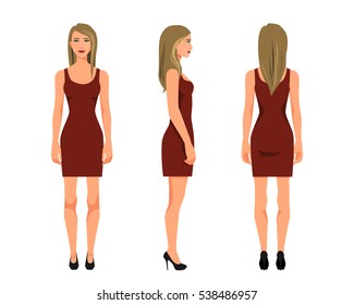 Vector illustration of three girl in red dress under the white background. Cartoon realistic  people illustration. Flat young woman. Front view girl, Side view girl, Back side view girl