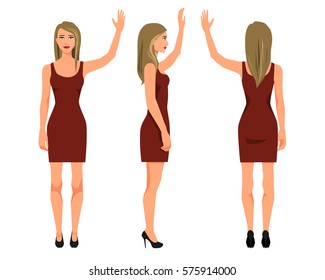 Vector Illustration Of Three Girl In Red Dress With Hand Up Under The White Background. Cartoon Realistic  People Illustration. Flat Young Woman. Front View Girl, Side View Girl, Back Side View Girl