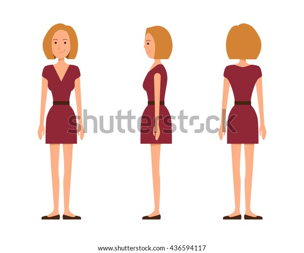 白い背景に赤いドレスを着た3人の女の子のベクターイラスト 平らな人のイラスト 平凡な若い女性 正面の女の子 側面の女の子 背面の女の子 のベクター画像素材 ロイヤリティフリー