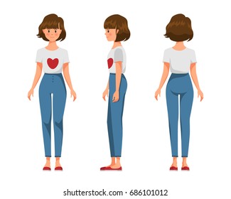 Vector illustration of three girl with shirt hair in casual clothes under the white background.Cartoon realistic people illustration.Flat young woman. Front view, Side view, Back side view