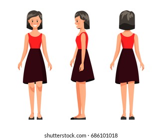 Vector illustration of three girl with shirt hair in casual clothes under the white background.Cartoon realistic people illustration. Flat young woman. Front view, Side view, Back side view