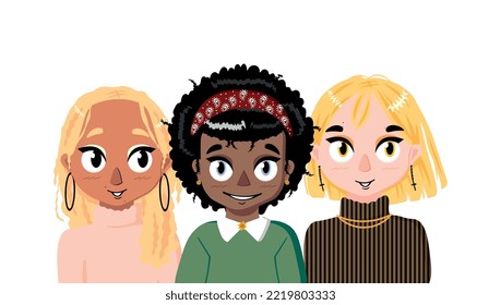 Vector illustration. Three girlfriends in fashionable clothes. Friends are walking. Three sisters. Classmates. Classmates. Girls icons.