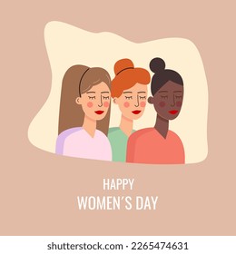 vector, ilustración, tres niñas de diferente raza, juntas para el día internacional de la mujer, presentación de tarjetas, fondo vintage
