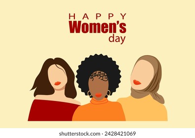 Vector illustration, three girls of different nationalities in faceless style. Image of an Arab, African and European girl as a design for a banner for International Women's Day